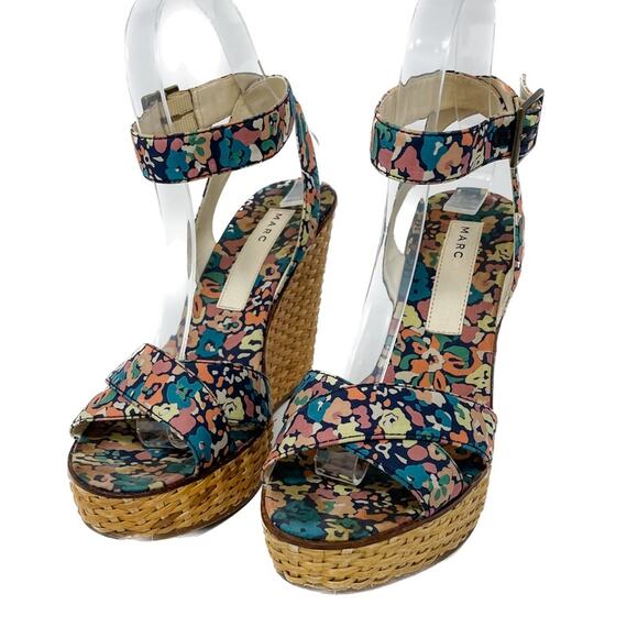 Vintage Marc Jacobs floral canvas & rattan wedge espadrilles sandals size 37 US7 - Picture 6 of 13